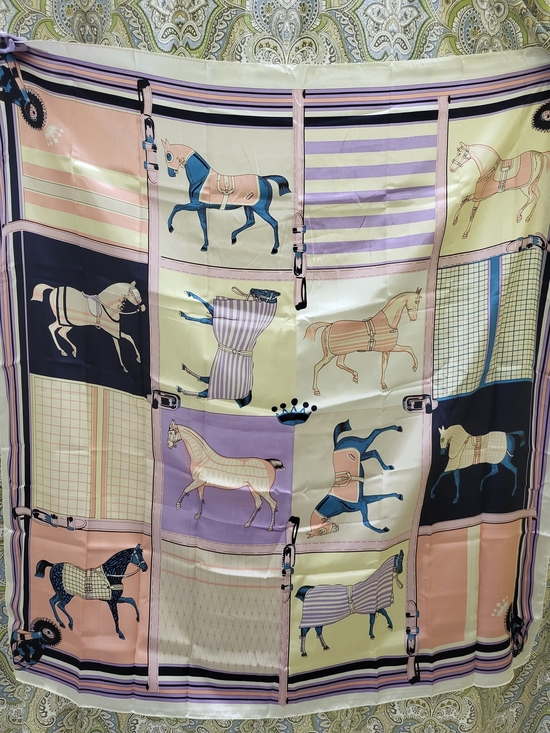 Accessories - Suzhichou Equestrian Silky Satin Scarf Pastel Horse Print 36" Square Wrap Fabric